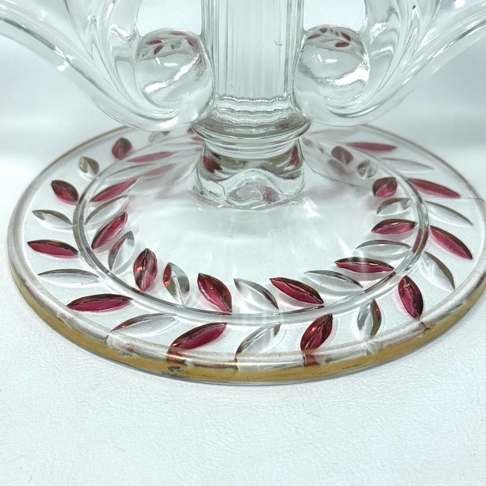 Indiana Glass Laurel‎ Double Arm Candle Holder Set 2 Gold Red Trim Accent 40s